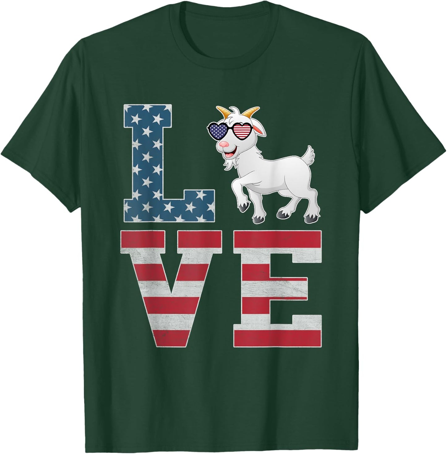 4th of July Decor Patriotic LOVE Goat American Flag T-Shirt - T-Shirt | Forest