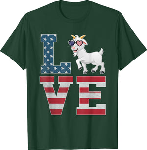 4th of July Decor Patriotic LOVE Goat American Flag T-Shirt - T-Shirt | Forest