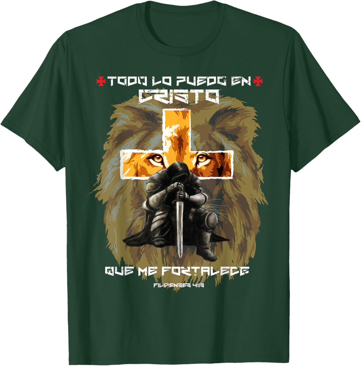 Lion Graphic Christian Spanish Products With Crosses Verses T-Shirt - T-Shirt | Forest