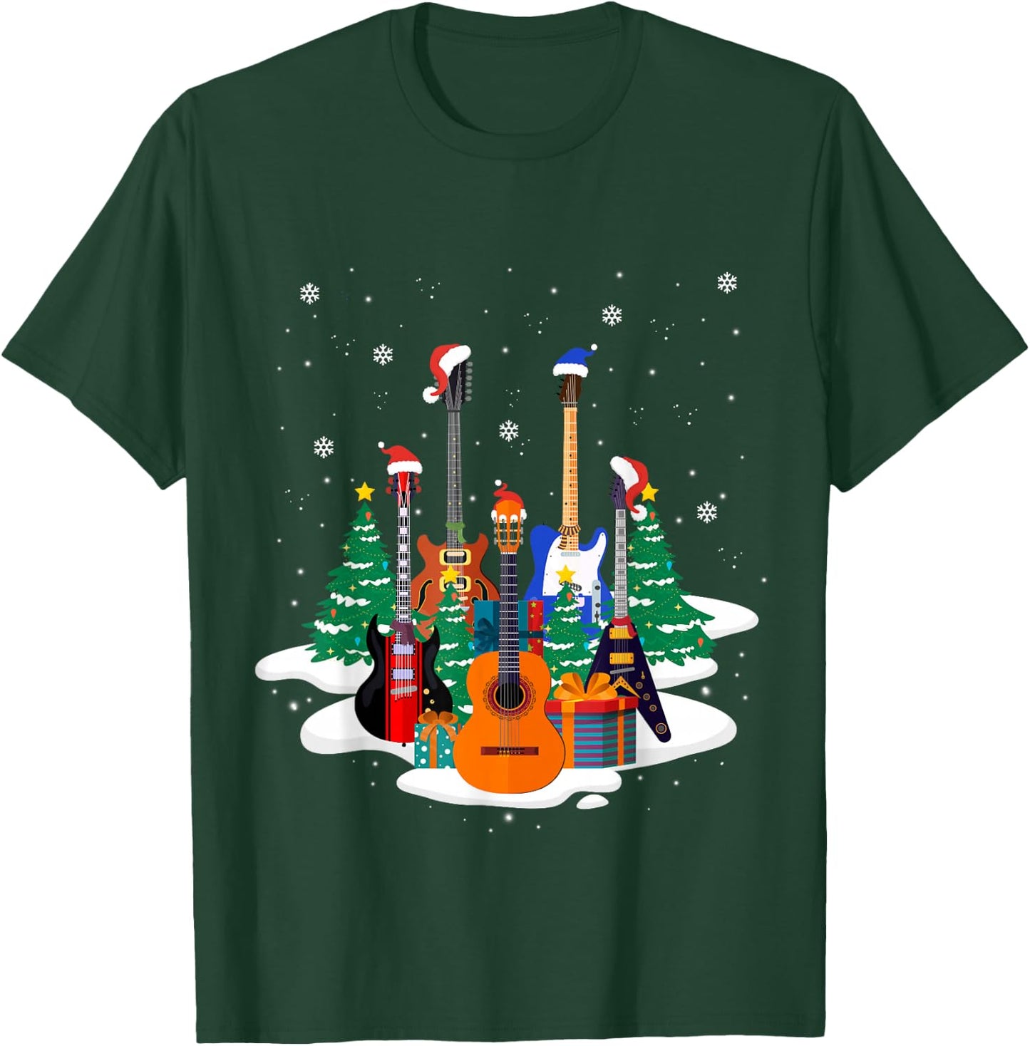 Guitar Santa Hat Christmas Tree Funny Music Loves Xmas Gifts T-Shirt - T-Shirt | Forest