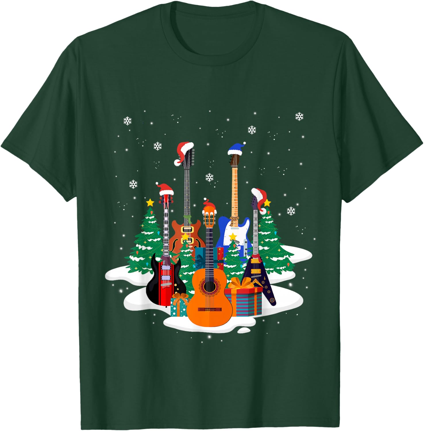 Guitar Santa Hat Christmas Tree Funny Music Loves Xmas Gifts T-Shirt - T-Shirt | Forest
