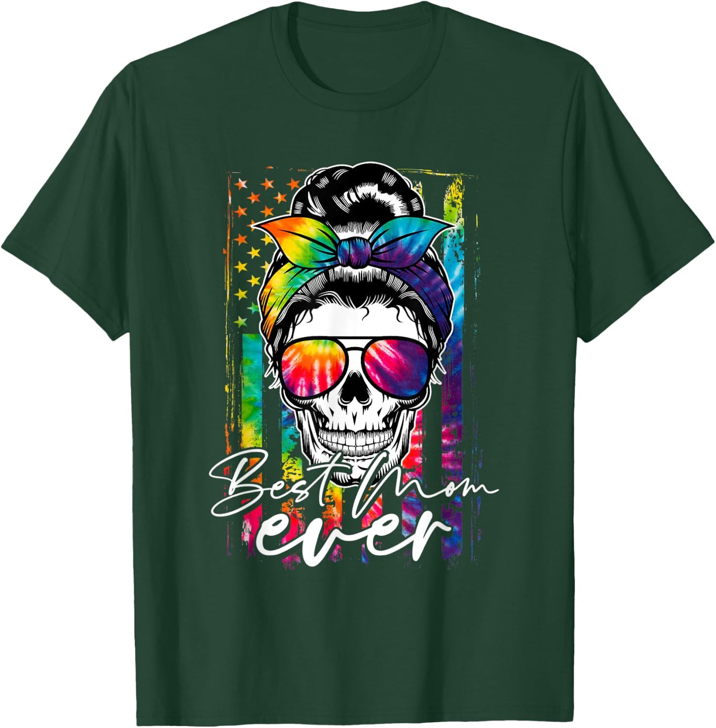 Tie Dye Best Mom Ever Skull Glasses American Flag Mom Life T-Shirt - T-Shirt | Forest