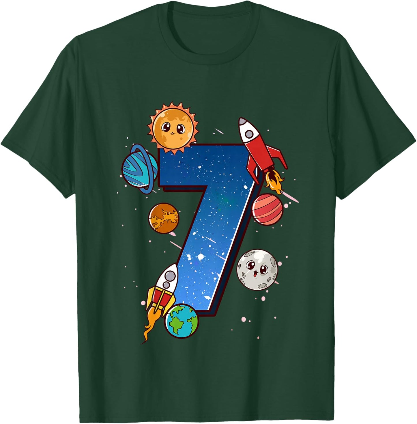 Kids Boys 7th Birthday Party Outfit 7 Years Old Space Planets T-Shirt - T-Shirt | Forest