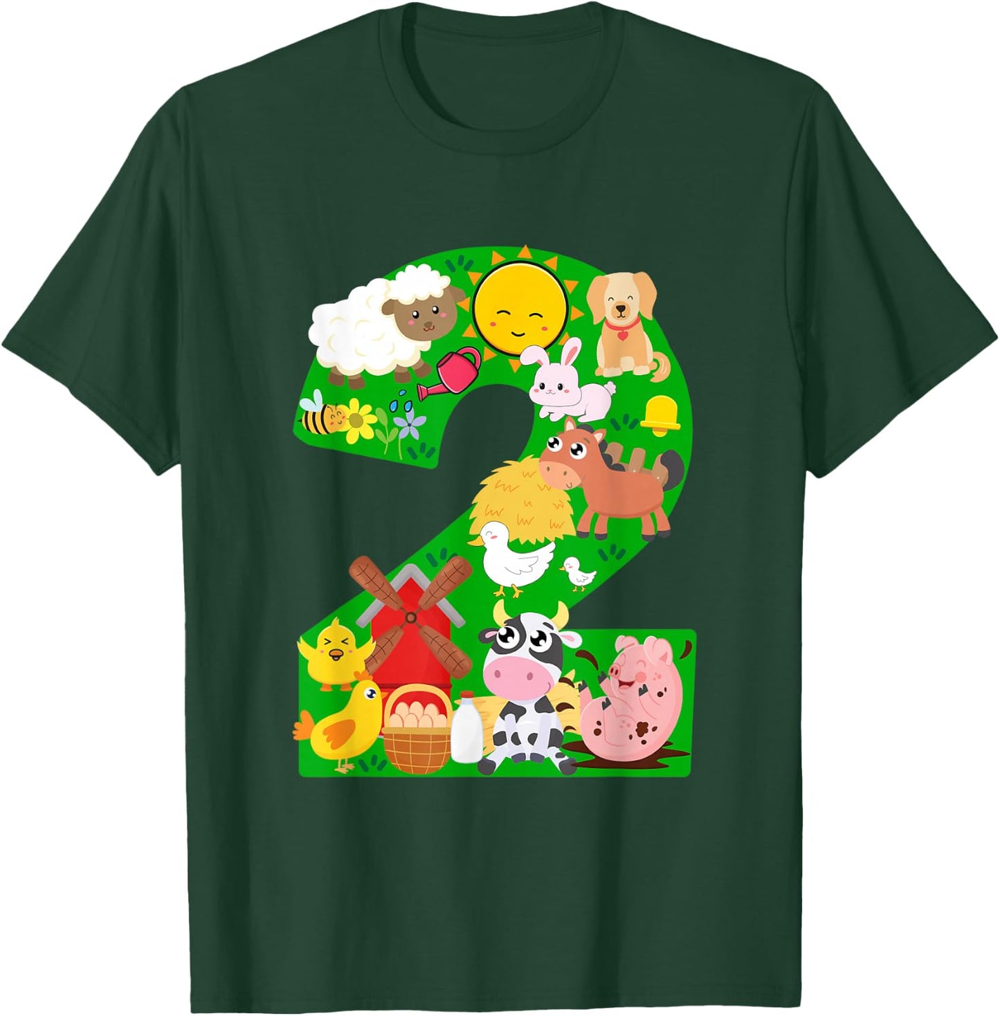 Farm Animals 2 Two Year Old Kids 2nd Birthday Party Farmer T-Shirt - T-Shirt | Forest