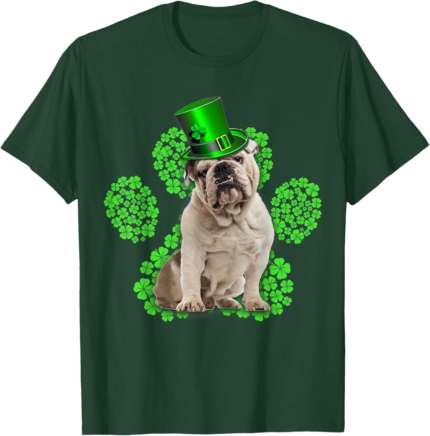 English Bulldog Shamrock Paw Clovers St Patrick's Day T-Shirt - T-Shirt | Forest