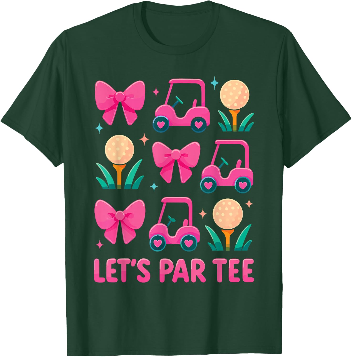 Let's Par Cute Pink Golf Cart Bow Pattern Golfer Graphic T-Shirt - T-Shirt | Forest