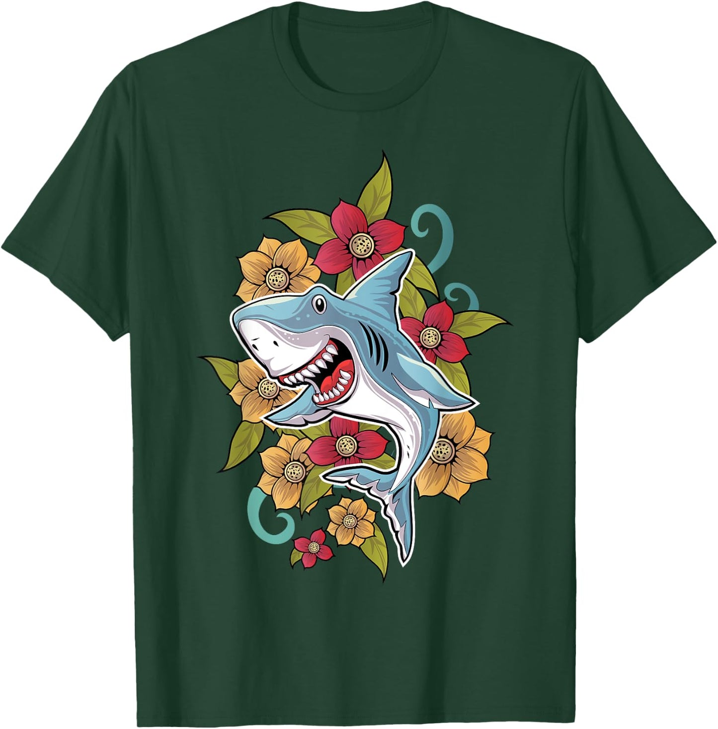 Floral Shark Tattoo Traditional Tribal Tattoo Style Art T-Shirt - T-Shirt | Forest