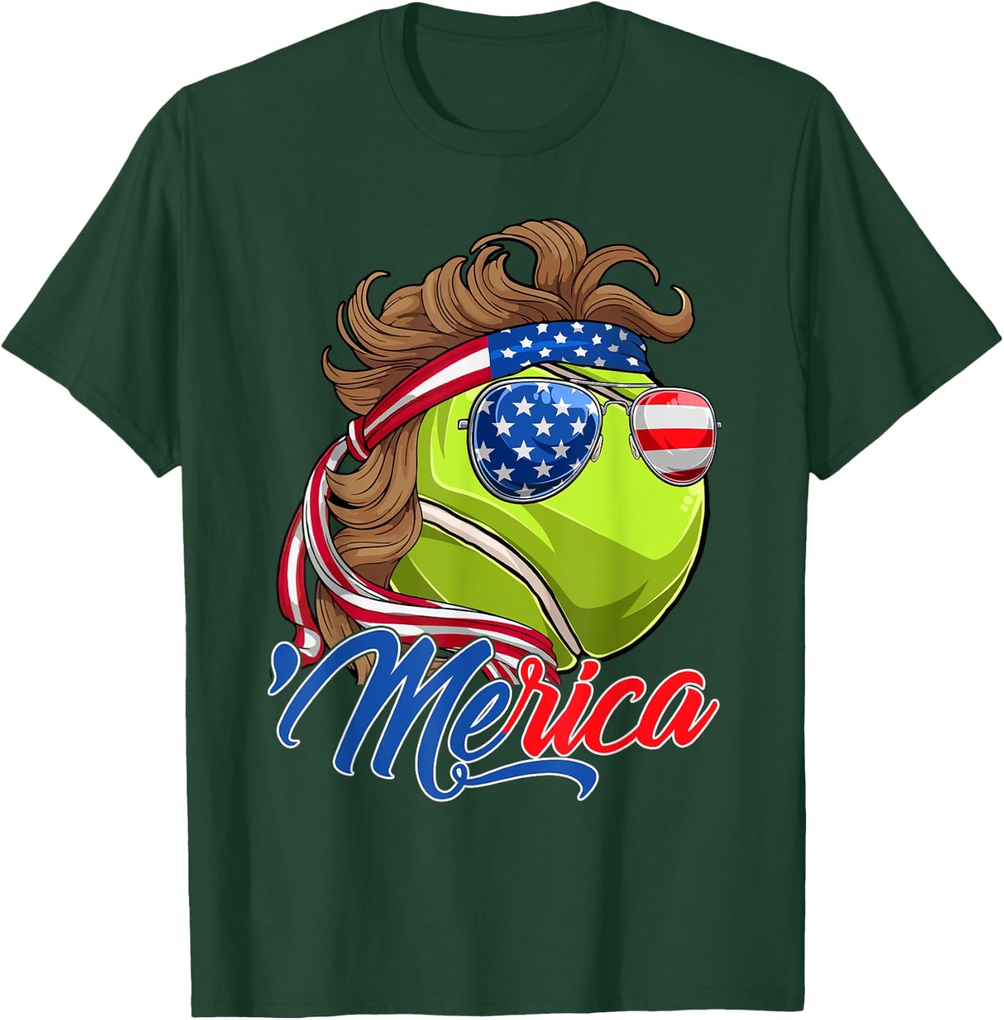 Funny Merica Tennis Ball & USA Flag Sunglasses 4th Of July Kids Men T-Shirt - T-Shirt | Forest