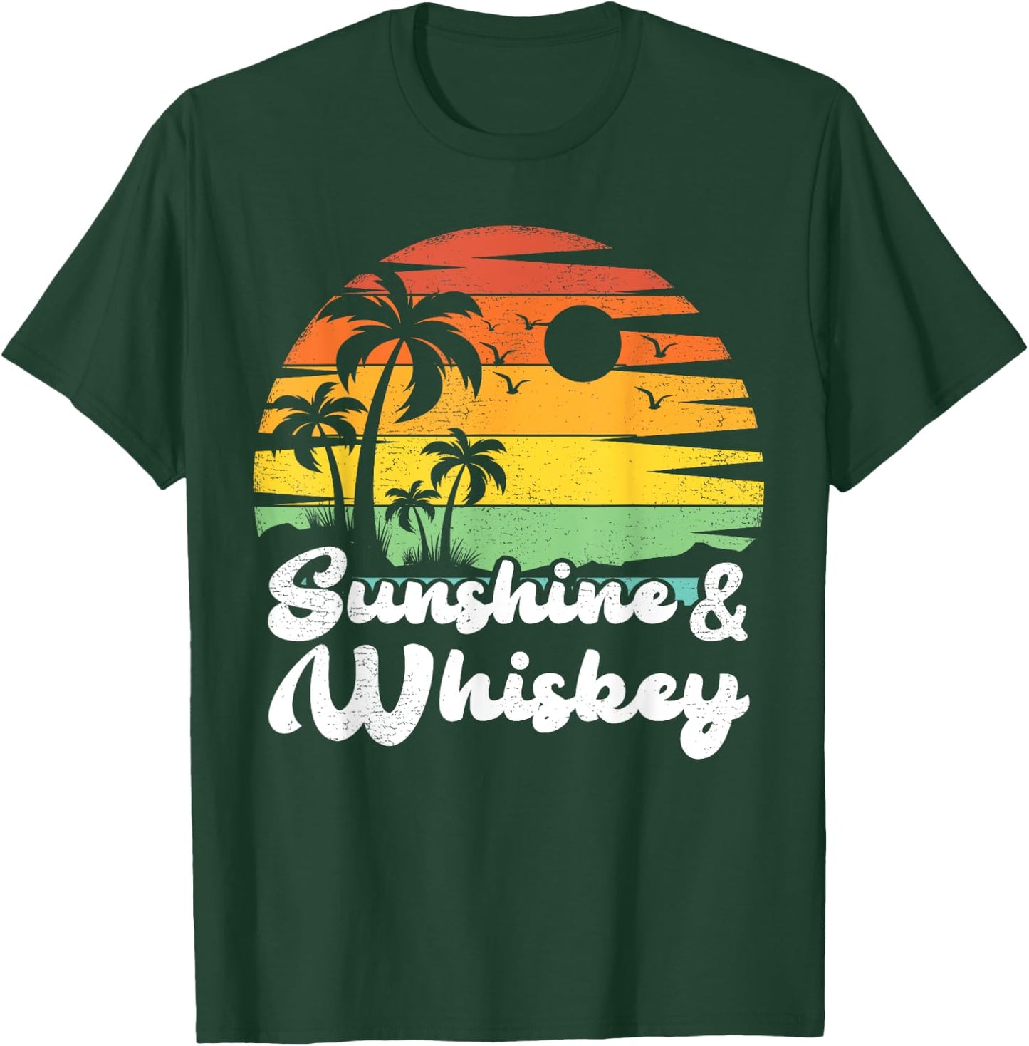 Palm Tree Vintage Sunset Sunshine And Whiskey Beach Vacation Men Women T-Shirt - T-Shirt | Forest