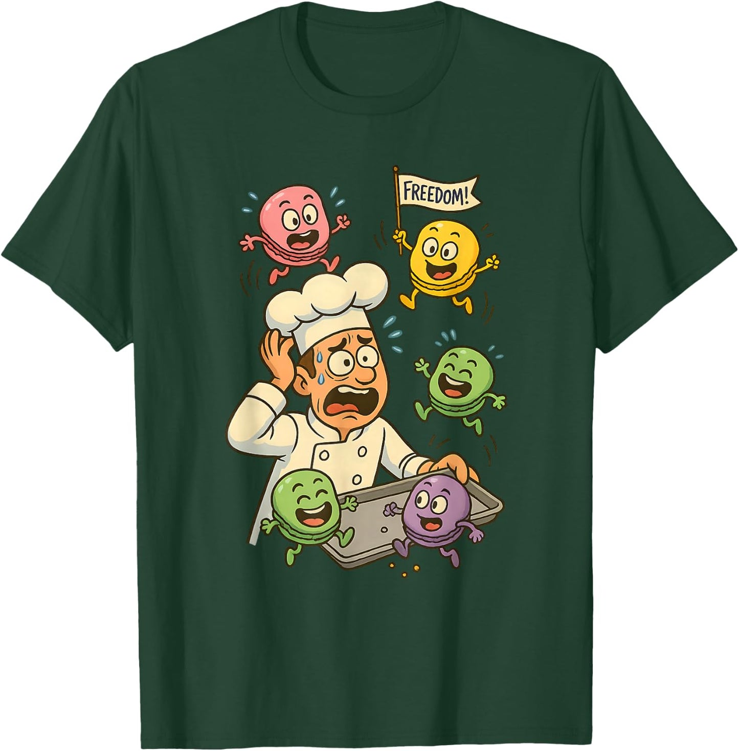 Funny Cartoon Chef & Escaping Macarons Baking Humor T-Shirt - T-Shirt | Forest