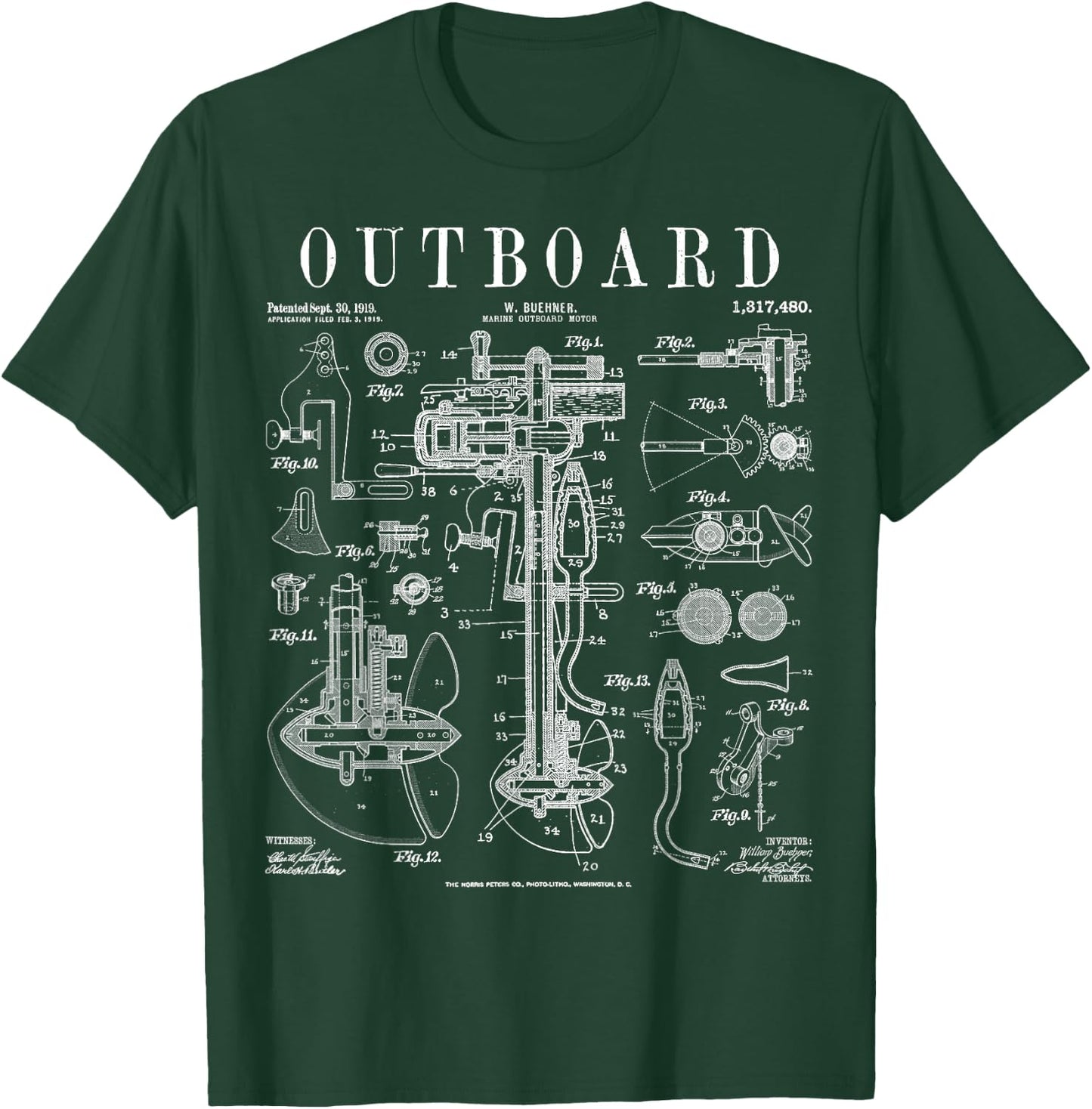 Fishing Boat Outboard Marine Motor Vintage Patent Print T-Shirt - T-Shirt | Forest