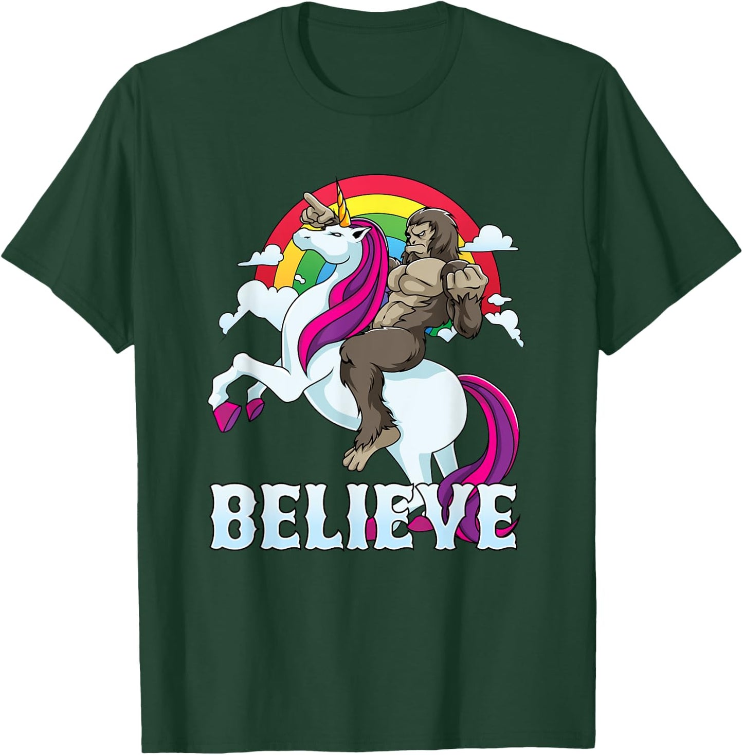 Bigfoot Riding Unicorn Believe Sasquatch Faith Rainbow T-Shirt - T-Shirt | Forest