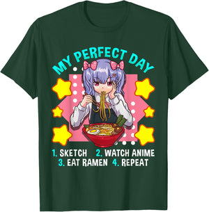 My Perfect Day Sketch Watch Anime Eat Ramen Repeat T-Shirt - T-Shirt | Forest