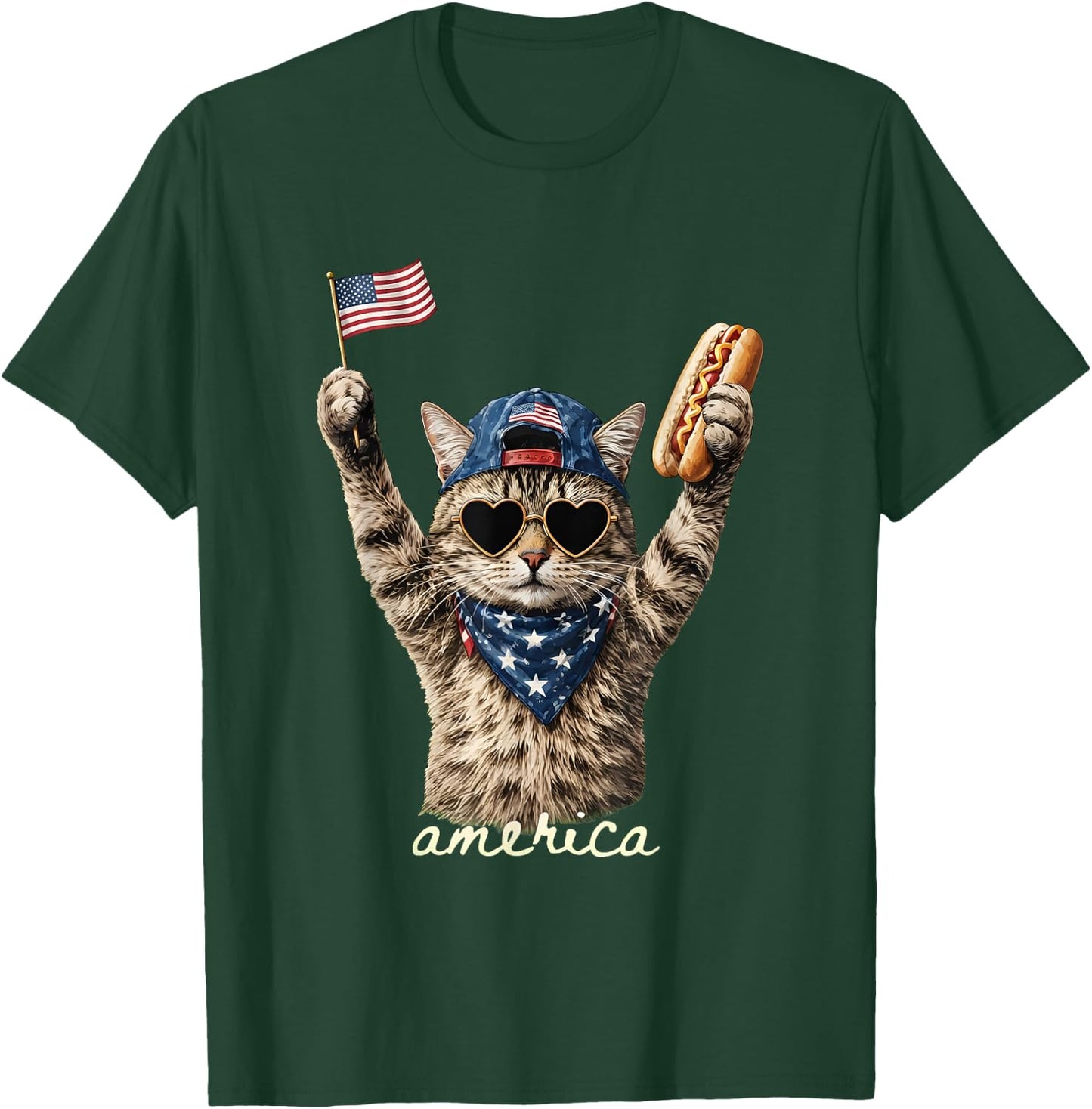 Funny America Cat Hot Dog Lovers Patriotic US Flag T-Shirt - T-Shirt | Forest