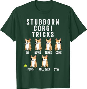 Funny Pembroke Welsh Corgi Stubborn Corgi Tricks -Adults Kids Black Short Sleeve Classic Fit Cotton Polyester Stretchable T-Shirt - T-Shirt | Forest