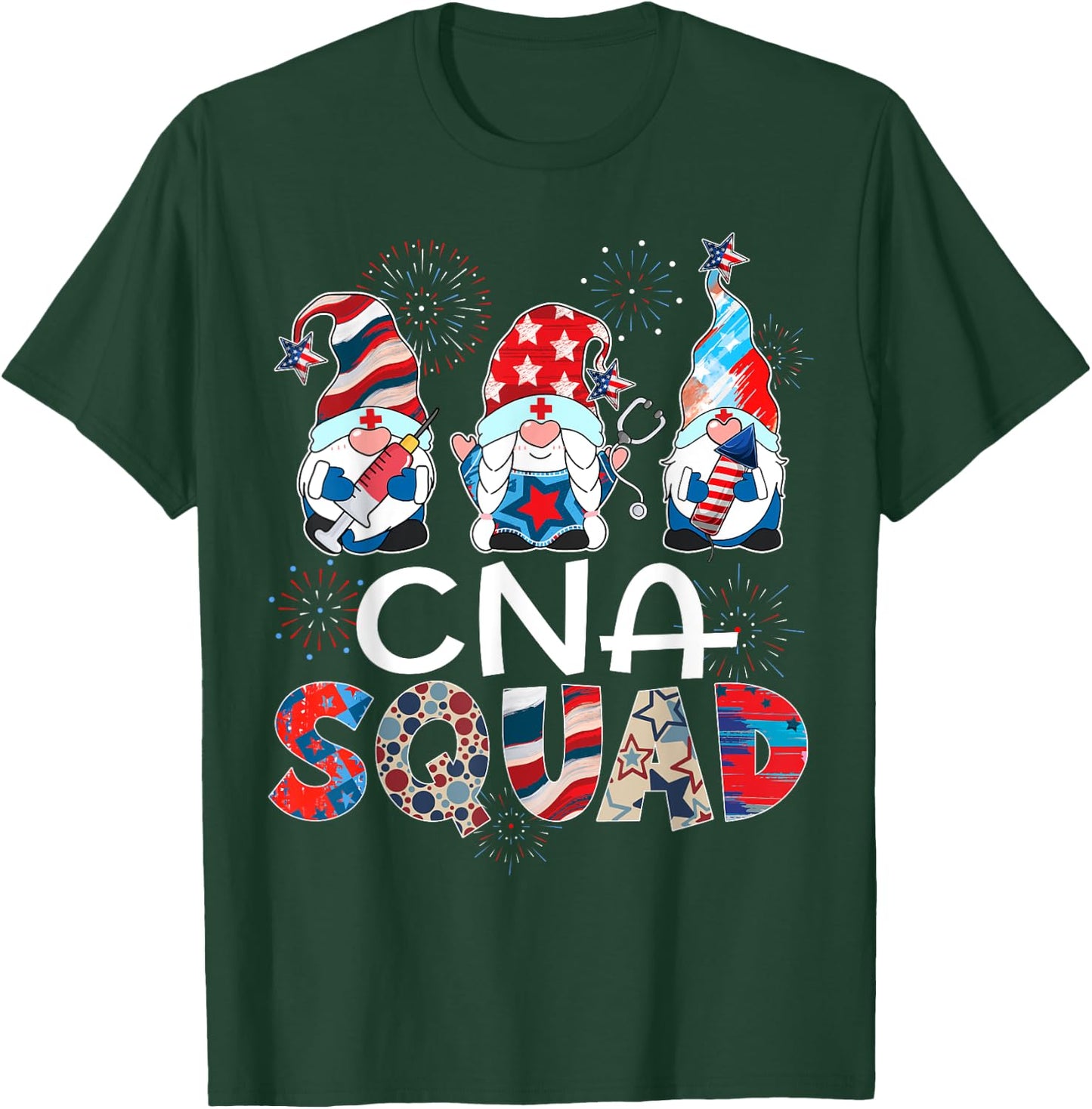 CNA Squad Gnomes 4th Of July Pride Nurse Stethoscope Women Men T-Shirt - T-Shirt | Forest