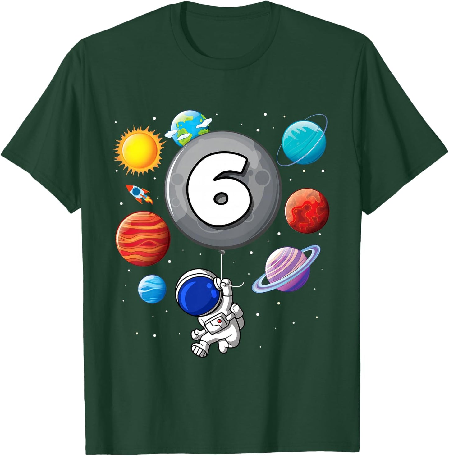 Kids 6th Birthday Astronaut Balloon Planet 6 Year Old Boy T-Shirt - T-Shirt | Forest