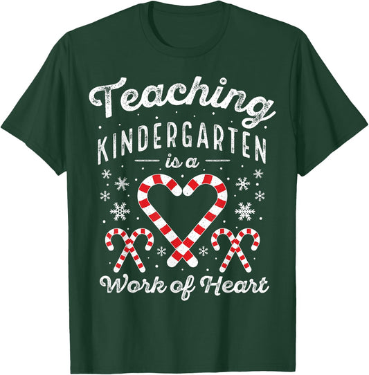 Christmas Candy Cane Work of Heart Xmas Kindergarten Teacher Women Kids T-Shirt - T-Shirt | Forest