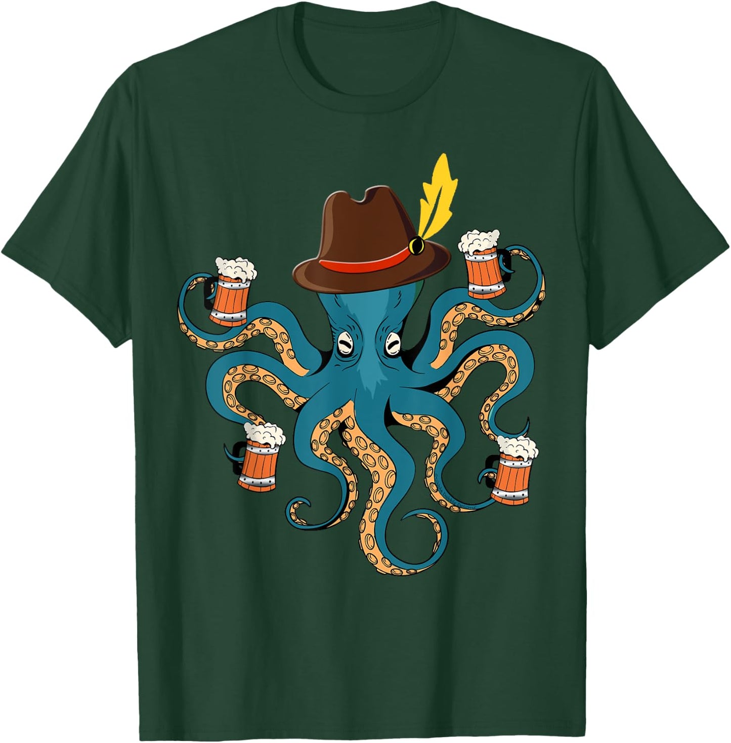 Funny Oktoberfest Octopus with Beer German Hat - Oktoberfest T-Shirt - T-Shirt | Forest