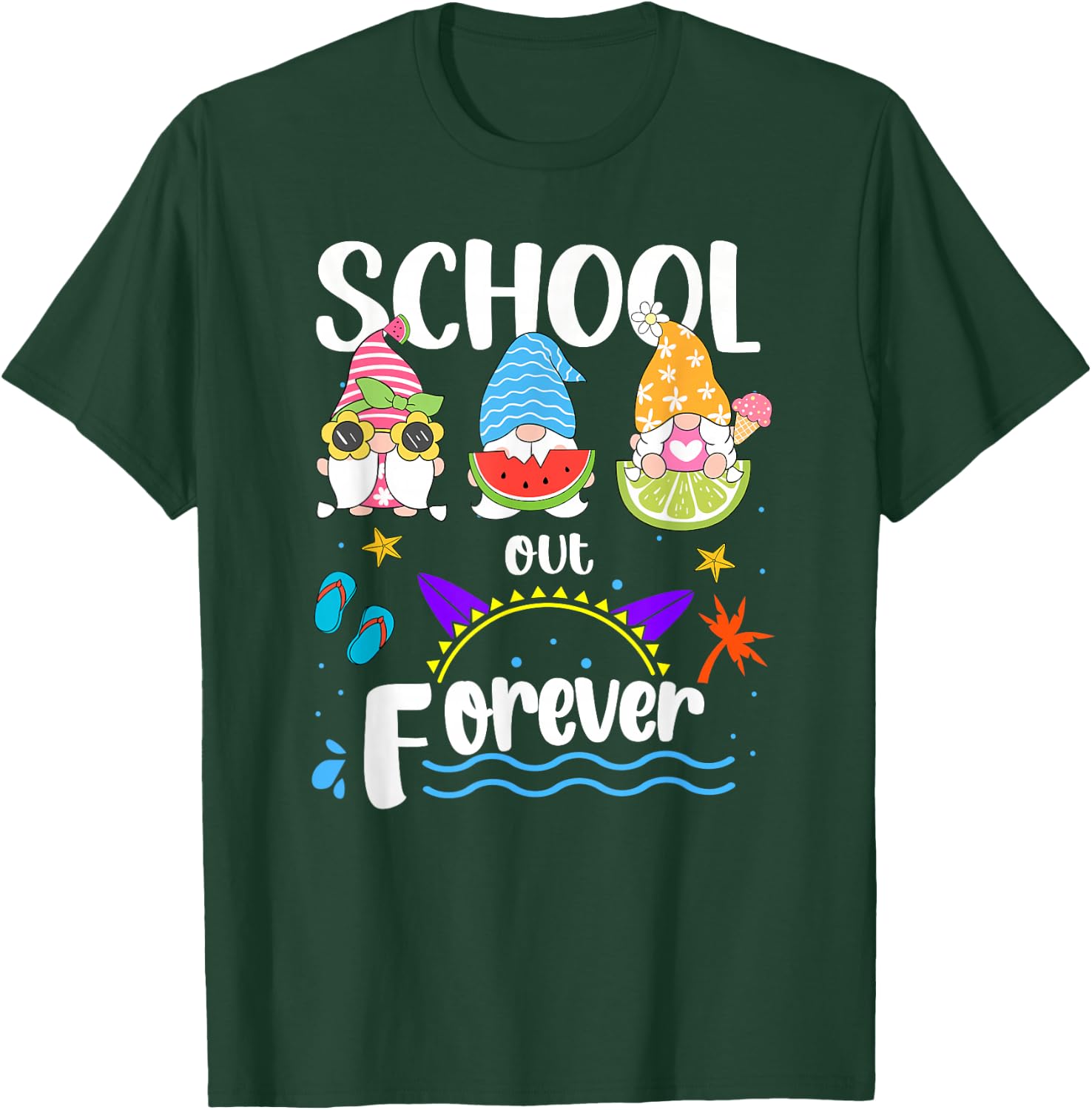 School Out Forever Retired Teacher Gnome Summer Vacation T-Shirt - T-Shirt | Forest