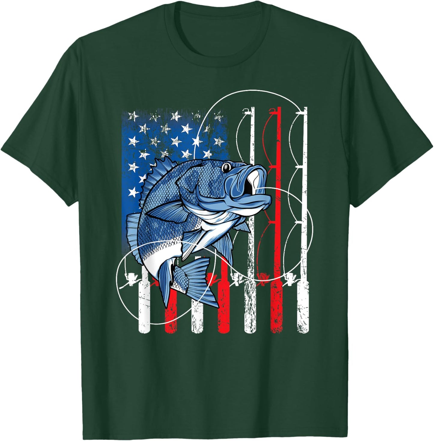 Fishing Vintage American Flag Bass Fisherman Gifts T-Shirt - T-Shirt | Forest