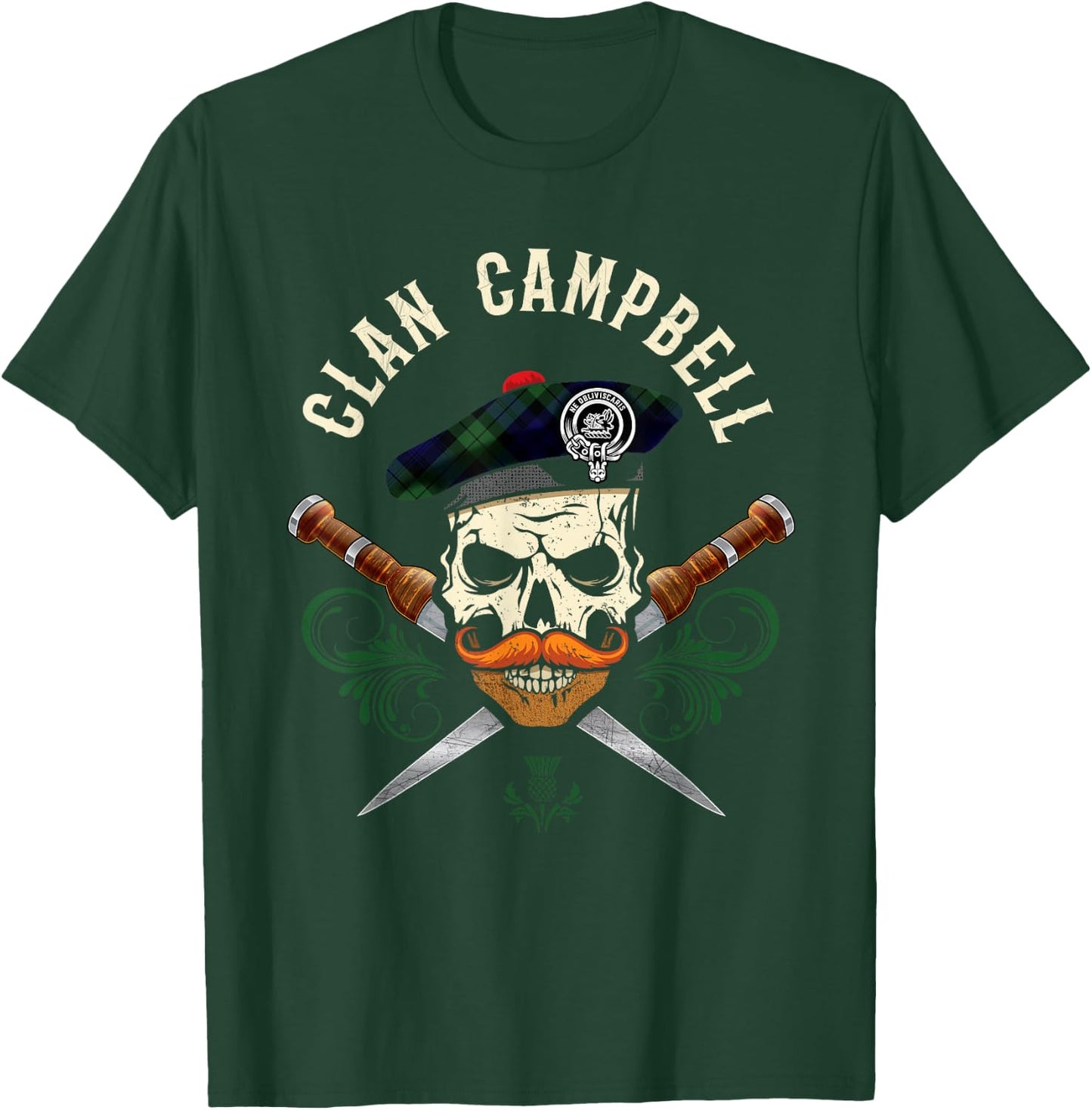 Campbell Surname Scottish Clan Skull Tam Dirks Tartan Badge T-Shirt - T-Shirt | Forest