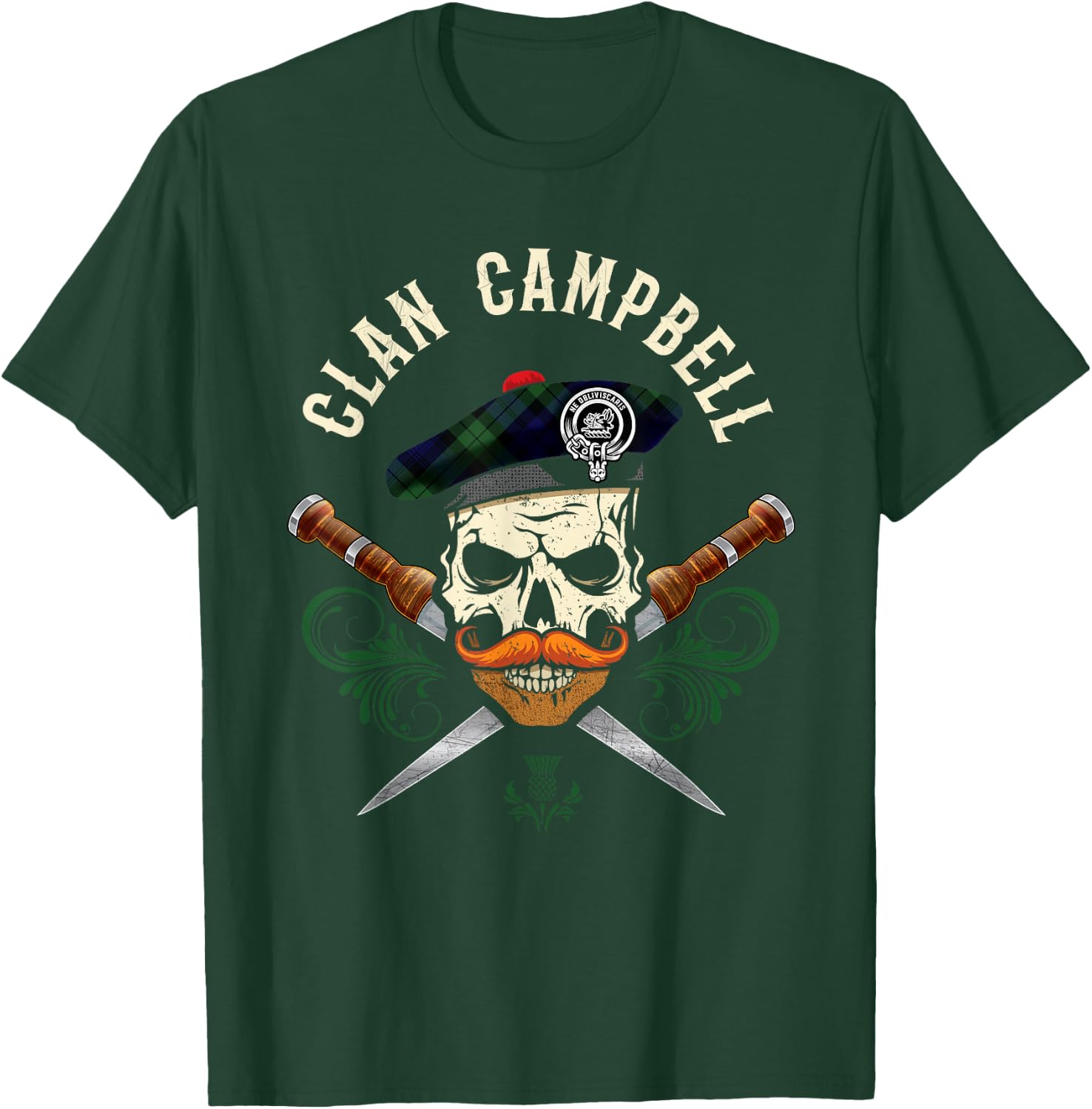 Campbell Surname Scottish Clan Skull Tam Dirks Tartan Badge T-Shirt - T-Shirt | Forest