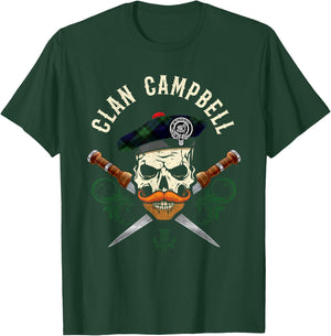 Campbell Surname Scottish Clan Skull Tam Dirks Tartan Badge T-Shirt - T-Shirt | Forest