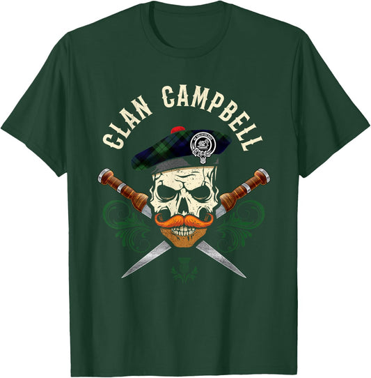 Campbell Surname Scottish Clan Skull Tam Dirks Tartan Badge T-Shirt - T-Shirt | Forest
