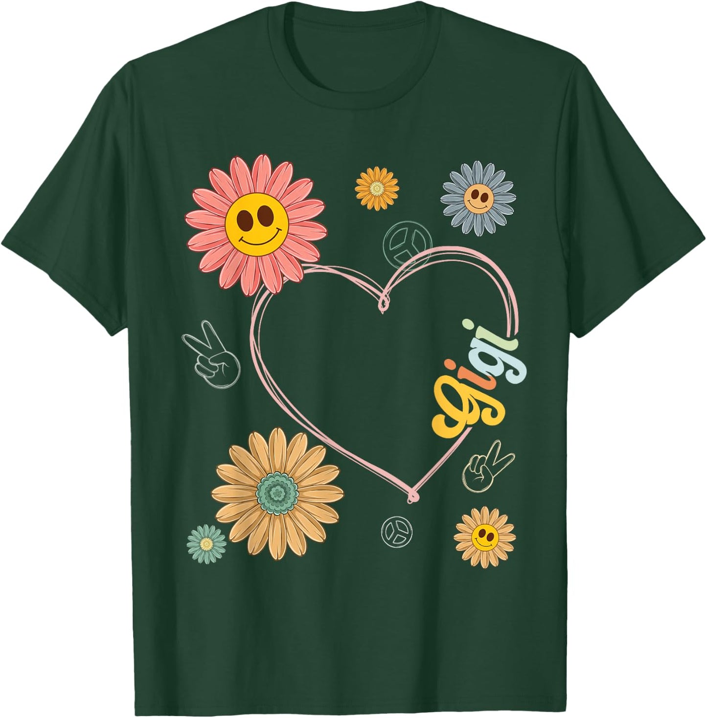 Love Heart Groovy Gigi Mother's Day Women Hippie 70's Style T-Shirt - T-Shirt | Forest