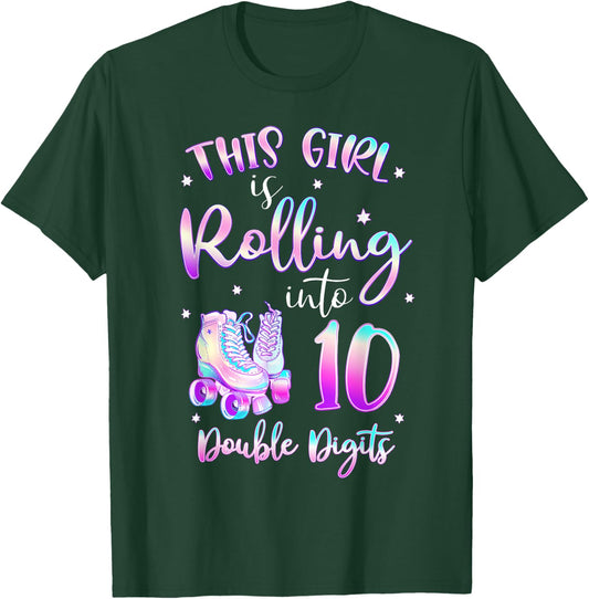 10th Birthday Rolling Into 10 Double Digits Roller Skate T-Shirt - T-Shirt | Forest