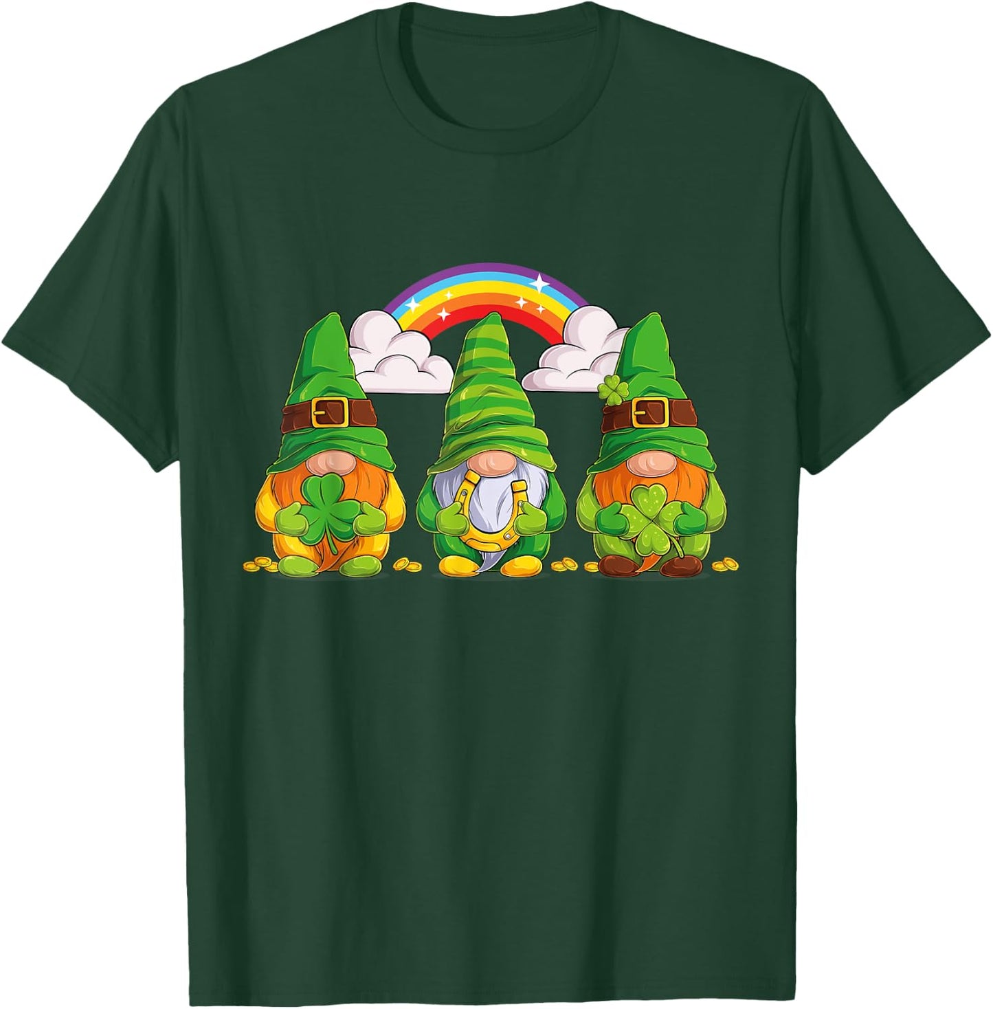 Lucky Gnomes Holding Shamrock Clover And Horseshoe Rainbow T-Shirt - T-Shirt | Forest