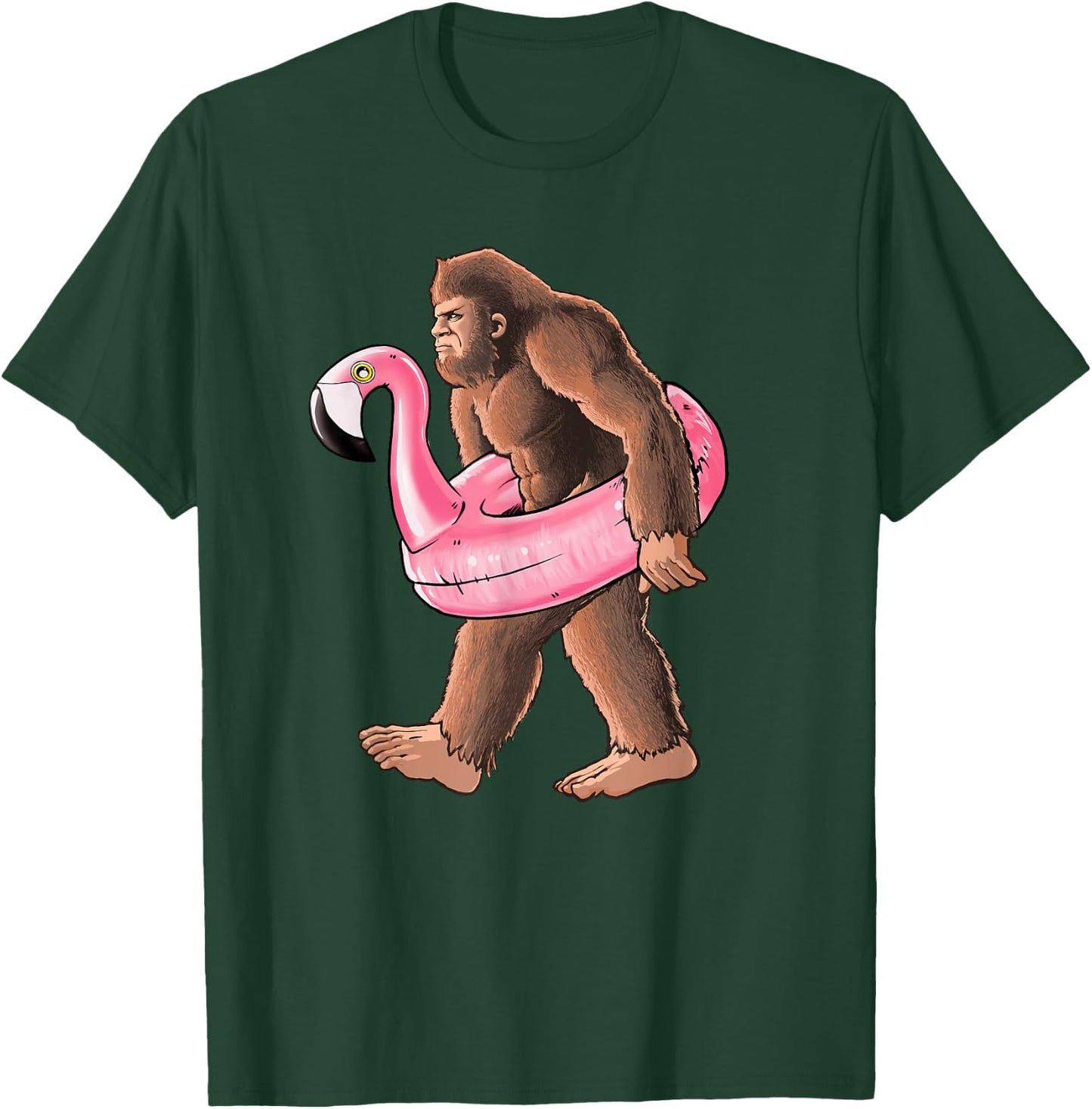 Bigfoot Carrying a Pink Flamingo Pool Floaty Summertime T-Shirt - T-Shirt | Forest