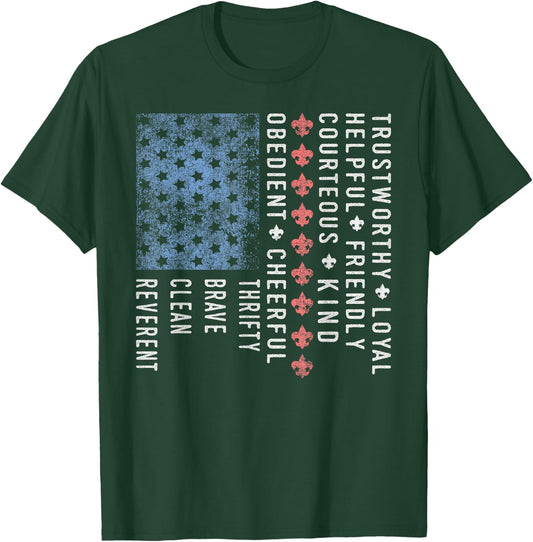American Flag Scouting Vintage Scouting Law T-Shirt - T-Shirt | Forest