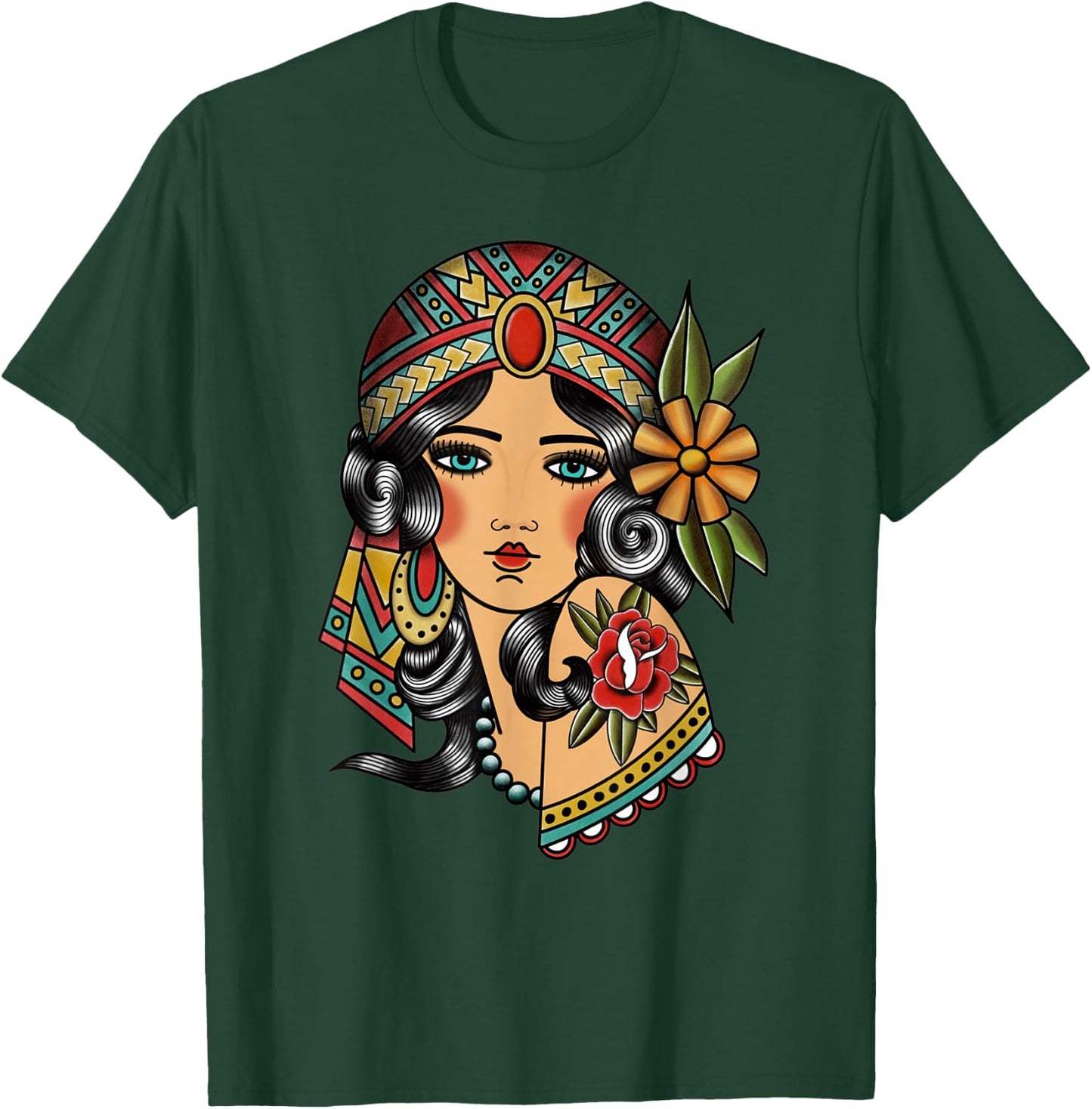 Gypsy Lady Head Fortune Teller American Traditional Tattoo Small T-Shirt - T-Shirt | Forest