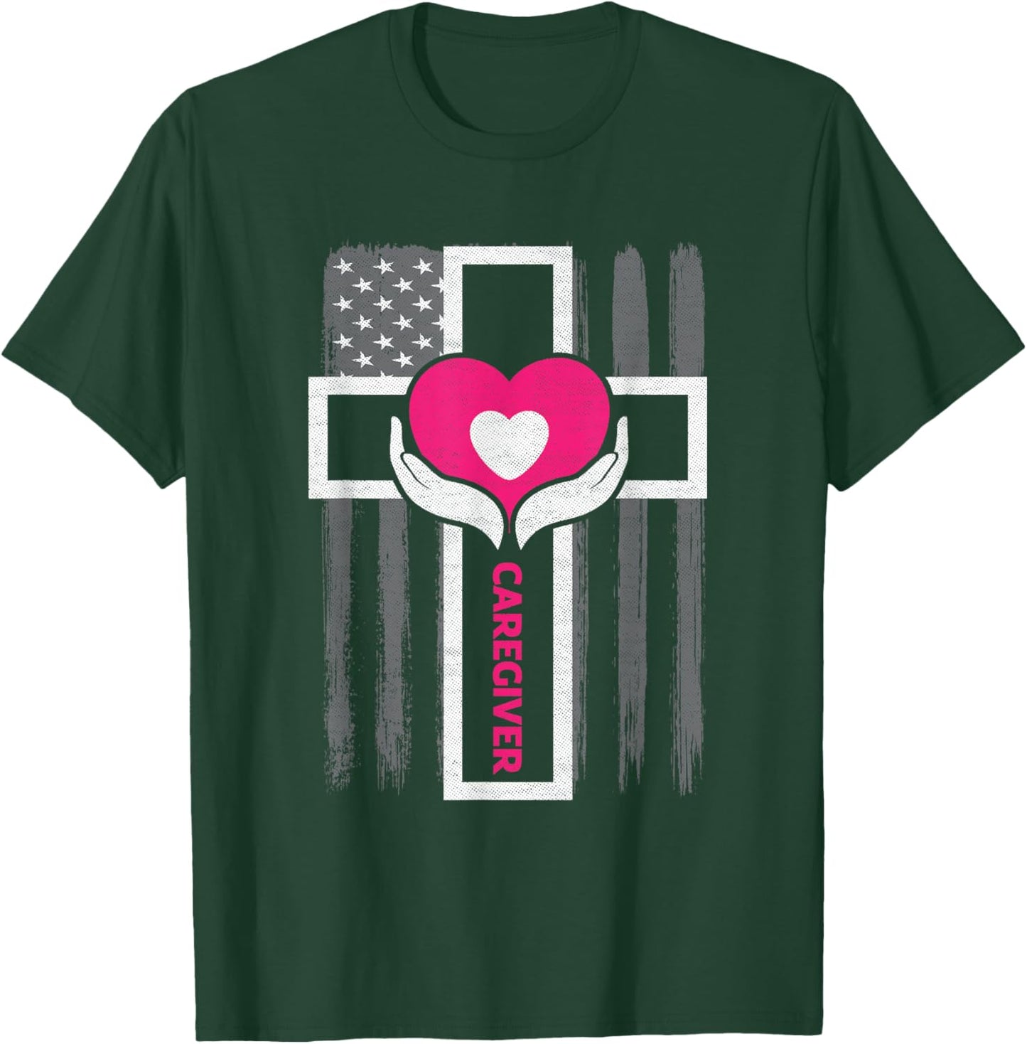 Christian Caregiver Jesus Christ USA Flag Funny Caregiver Women Men T-Shirt - T-Shirt | Forest
