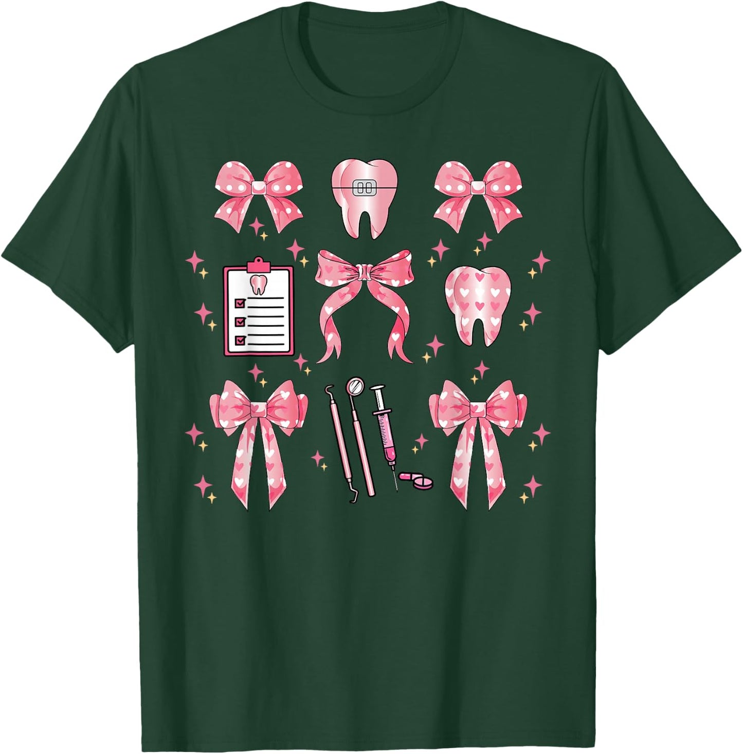 Coquette Bow Teeth Dentist Squad Dental Assistant Hygienist T-Shirt - T-Shirt | Forest