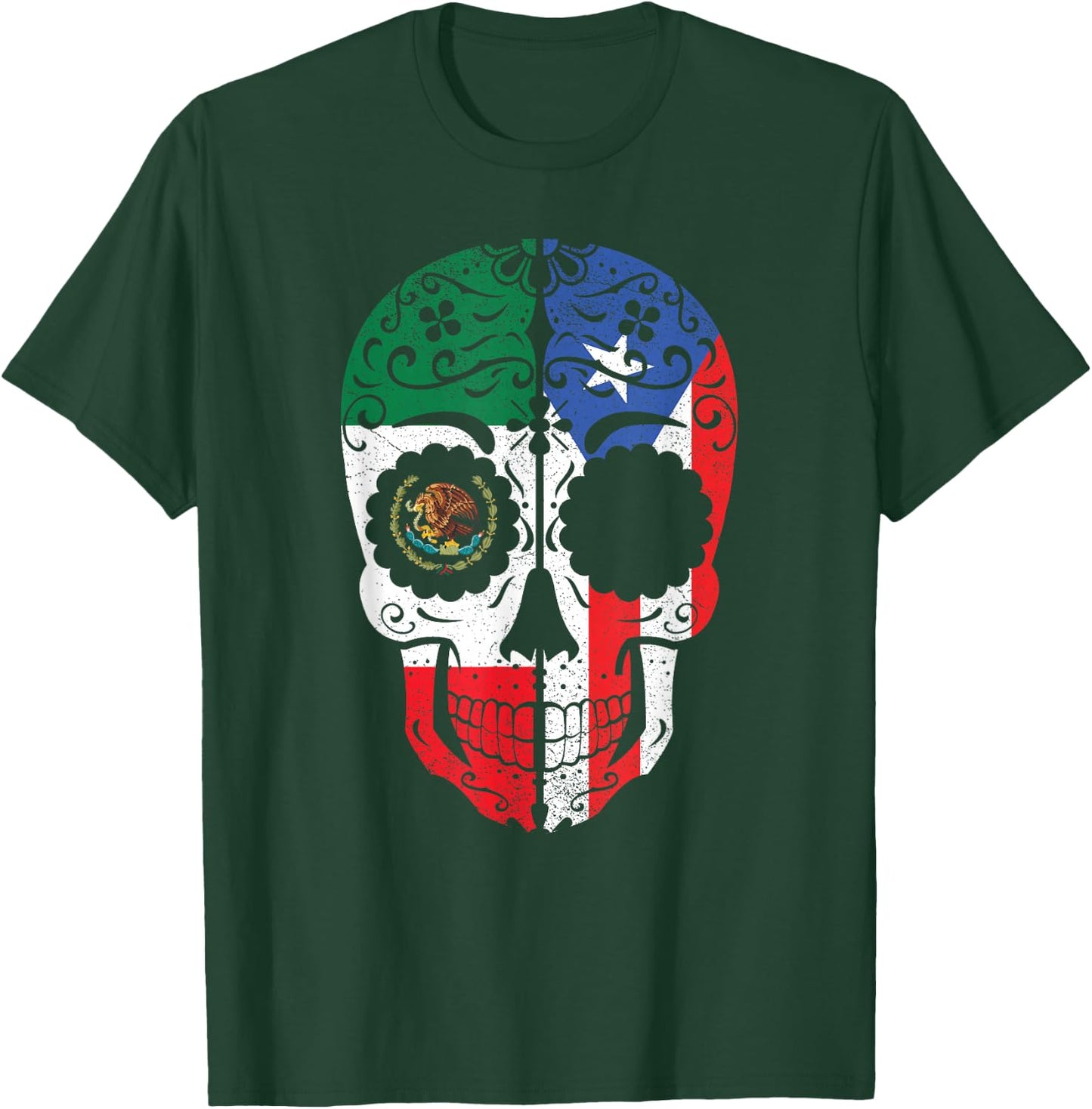 Mexican Puerto Rican Flag Mexico Puerto Rico Sugar Skull T-Shirt - T-Shirt | Forest