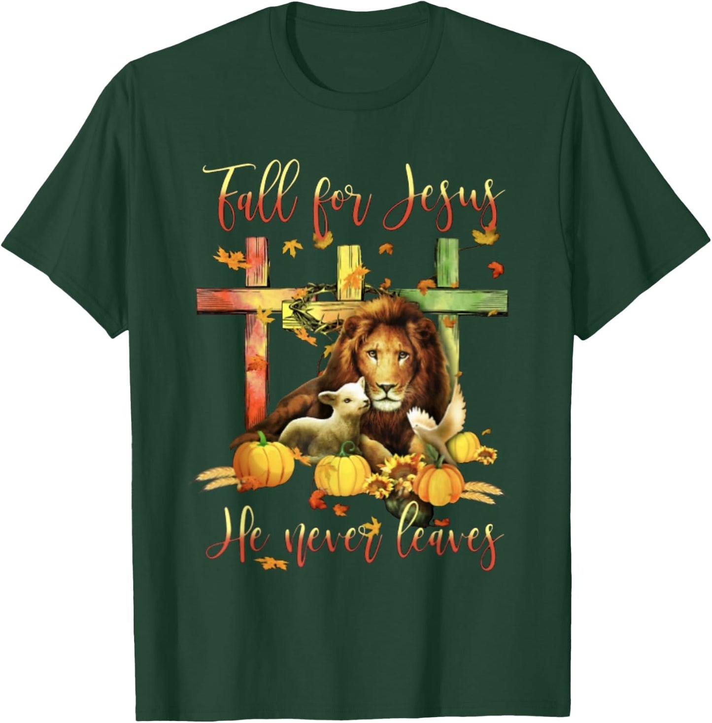 Fall For Jesus He Never Leaves Lion Autumn T-Shirt - T-Shirt | Forest