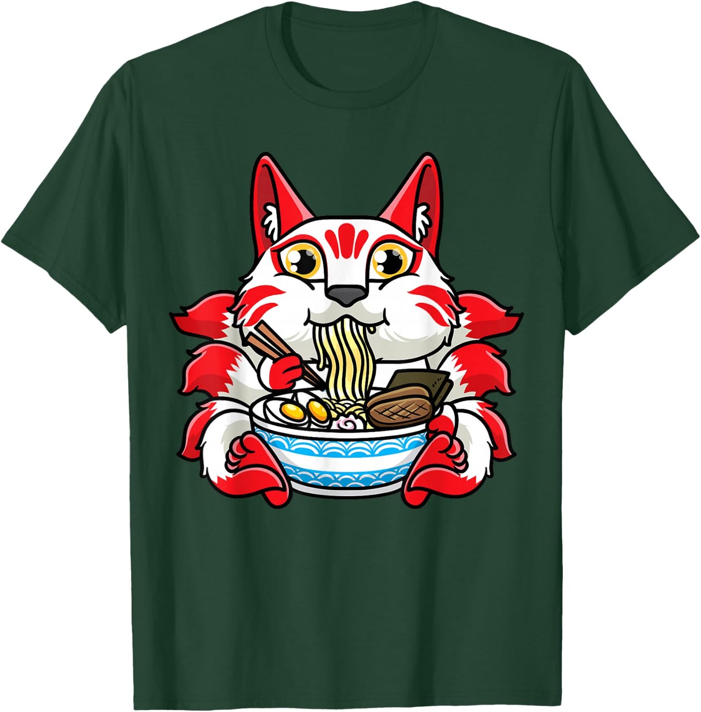 Kitsune Eating Ramen Noodles Otaku Japanese Nine Tailed Fox T-Shirt - T-Shirt | Forest