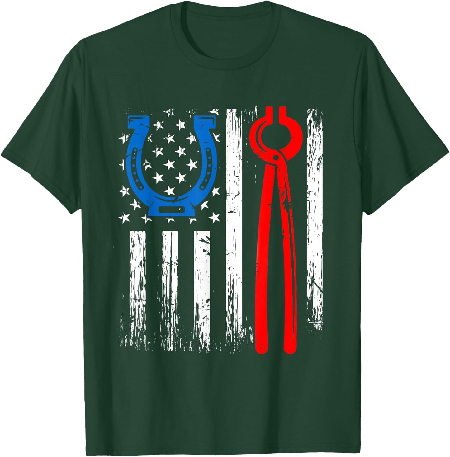 US American Flag Farrier Hoof Blacksmith Horseshoe Iron Women Men T-Shirt - T-Shirt | Forest