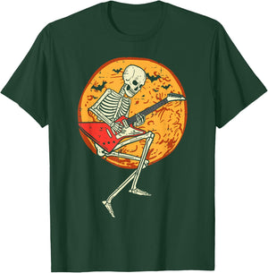 Skeleton Playing Guitar Rock Moon Halloween Music Boys Men T-Shirt - T-Shirt | Forest