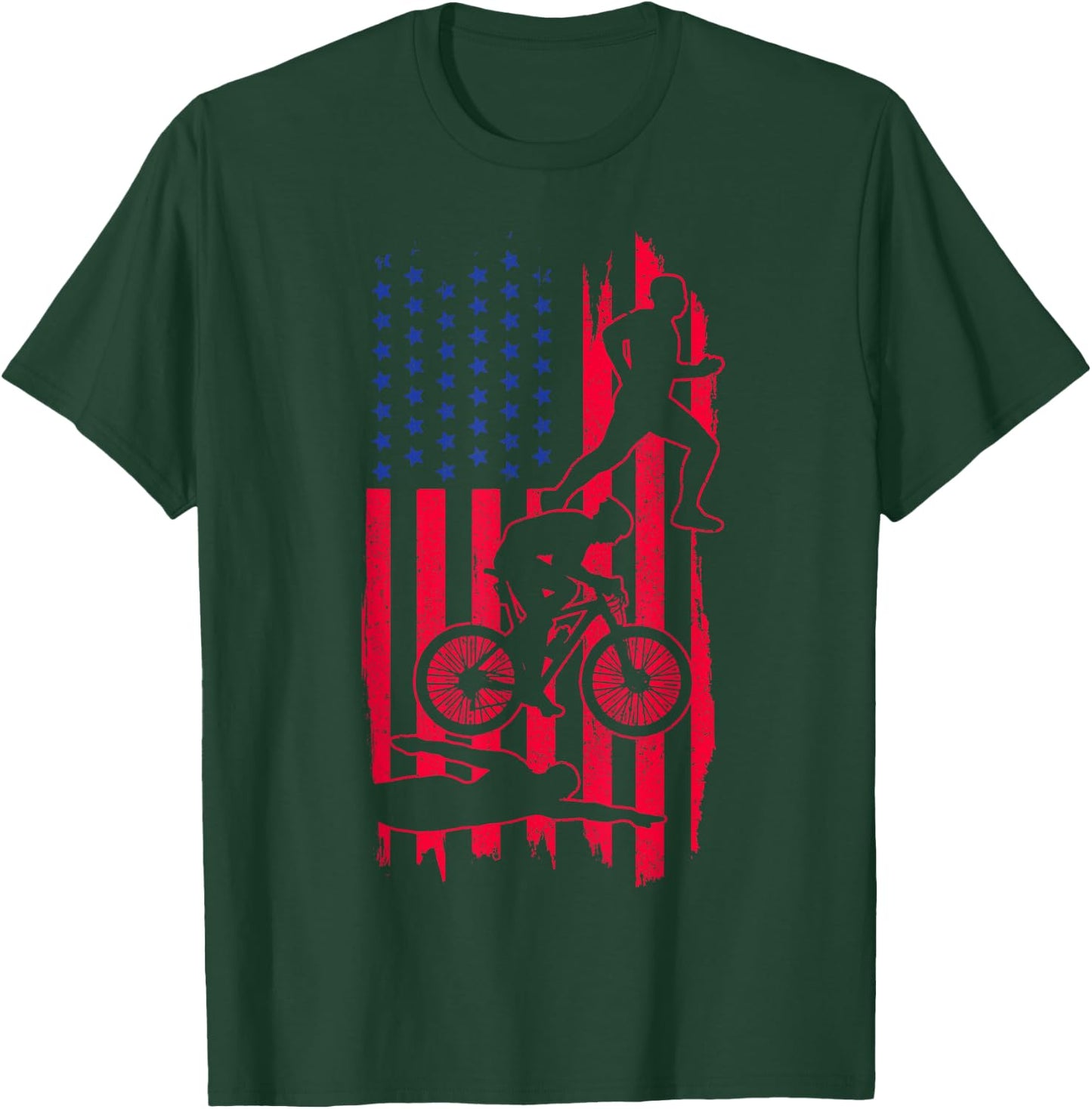 Triathlon US Flag Swim Bike Run Sport Patriotic Triathlete Women Men T-Shirt - T-Shirt | Forest