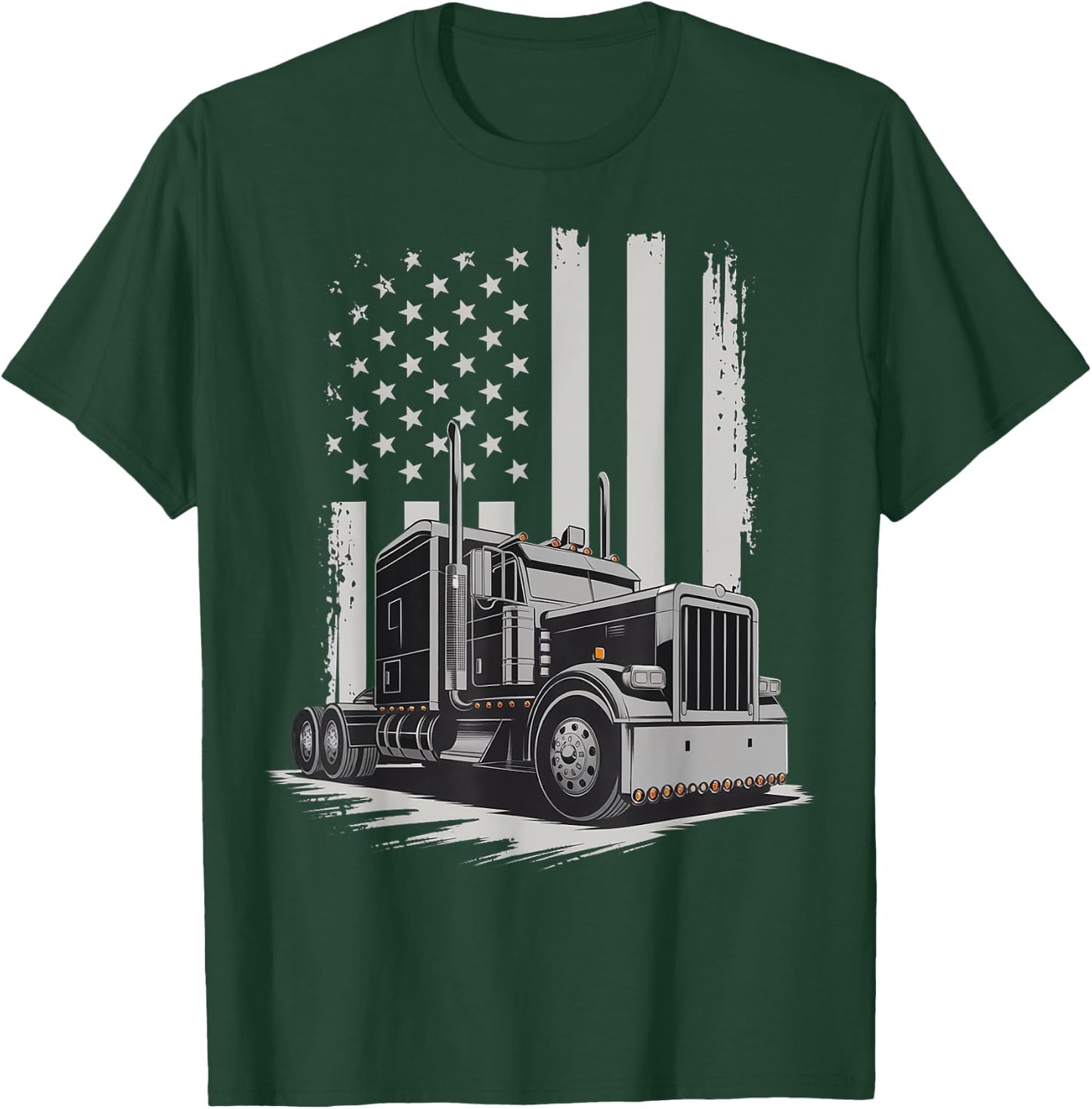 Trucker USA American Flag Truck Driver Patriotic 4th Of July T-Shirt - T-Shirt | Forest