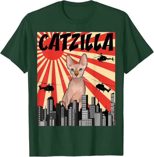 Funny Retro Japanese Catzilla Sphynx Cat T-Shirt - T-Shirt | Forest