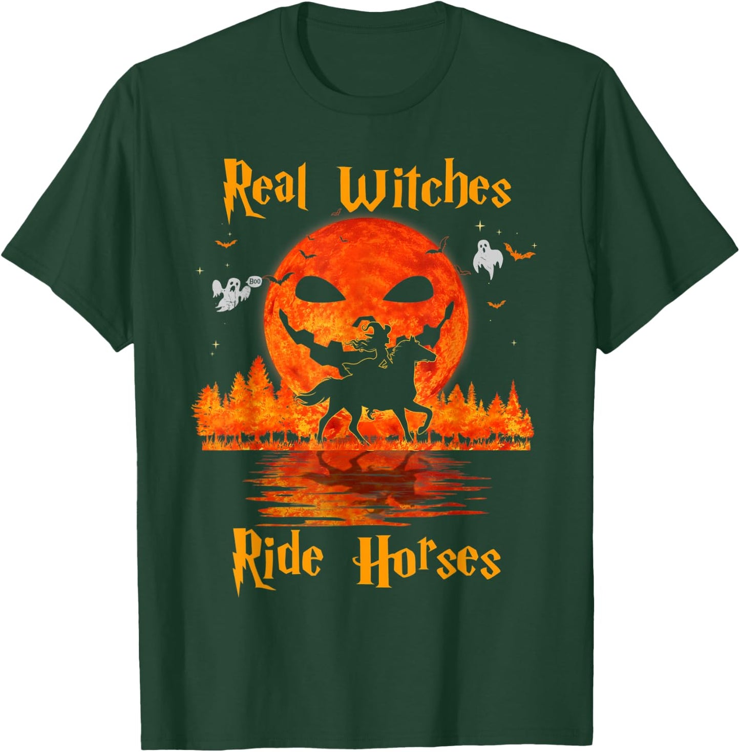 Real Witches Ride Horses Halloween Girl Riding Horse Lovers T-Shirt - T-Shirt | Forest