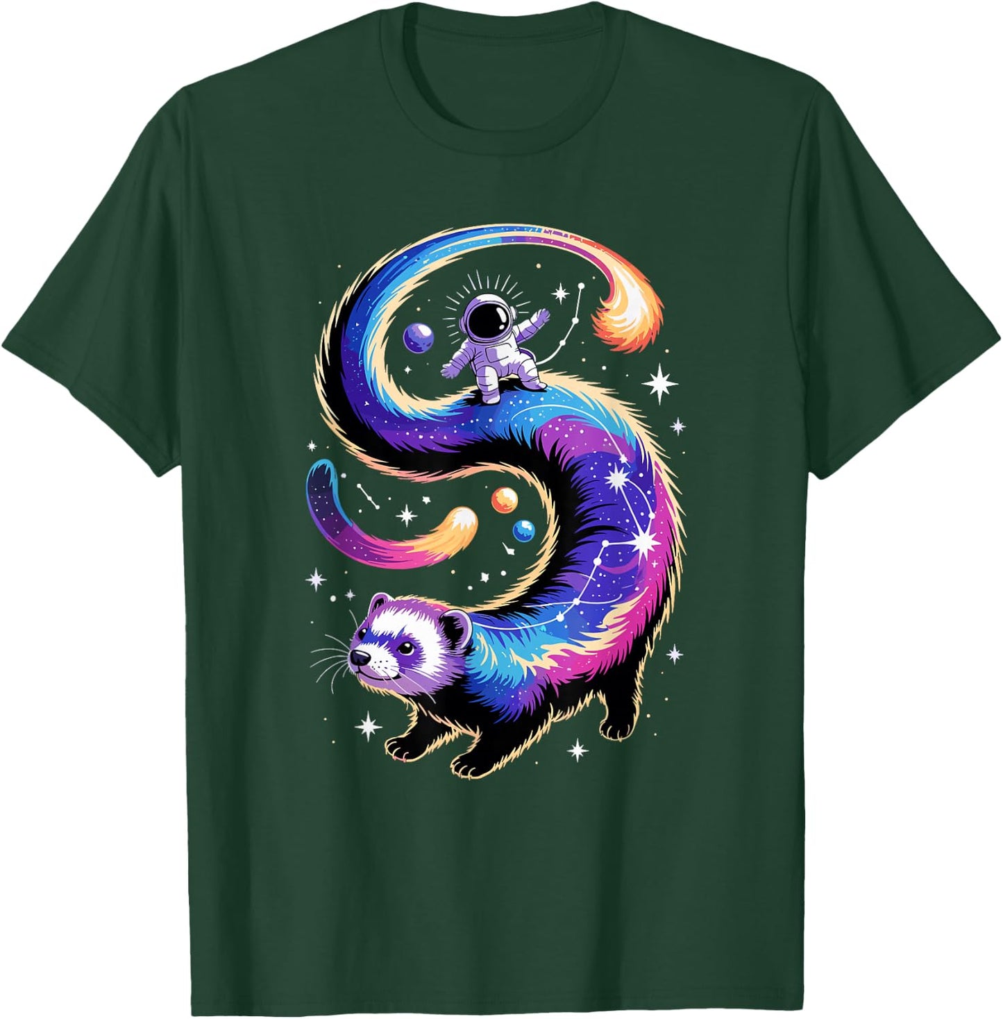 Astronaut Rides Ferret Space Stars Comets Galaxy Planets T-Shirt - T-Shirt | Forest