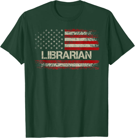 Librarian - Vintage American Flag US Patriotic Librarian T-Shirt - T-Shirt | Forest