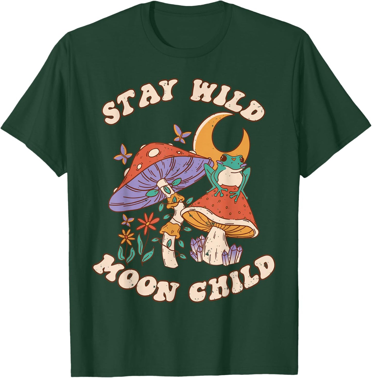 Vintage Retro Stay Wild Moon Child Frog Mushroom Hippie T-Shirt - T-Shirt | Forest