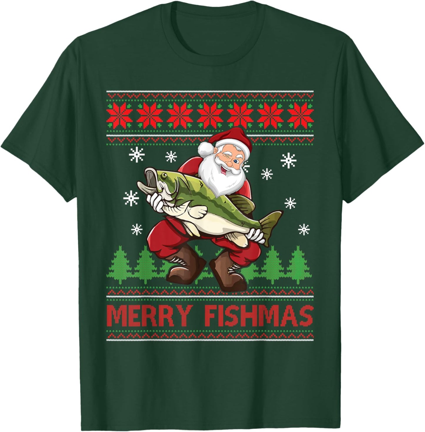 Merry Fishmas Santa Fishing Ugly Christmas Sweater Style T-Shirt - T-Shirt | Forest